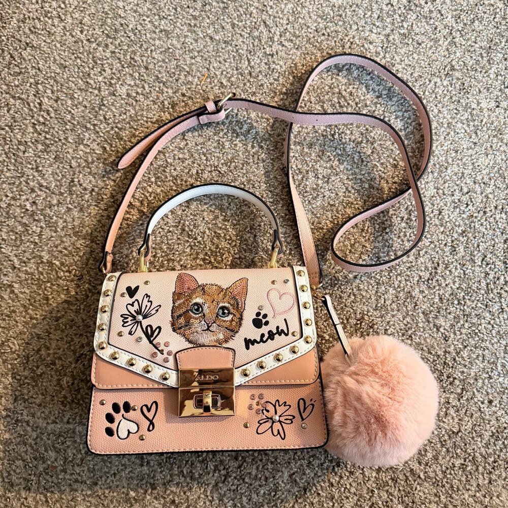 ALDO Lilopaw Cat Crossbody Top Handle Purse Pink Sequins RARE